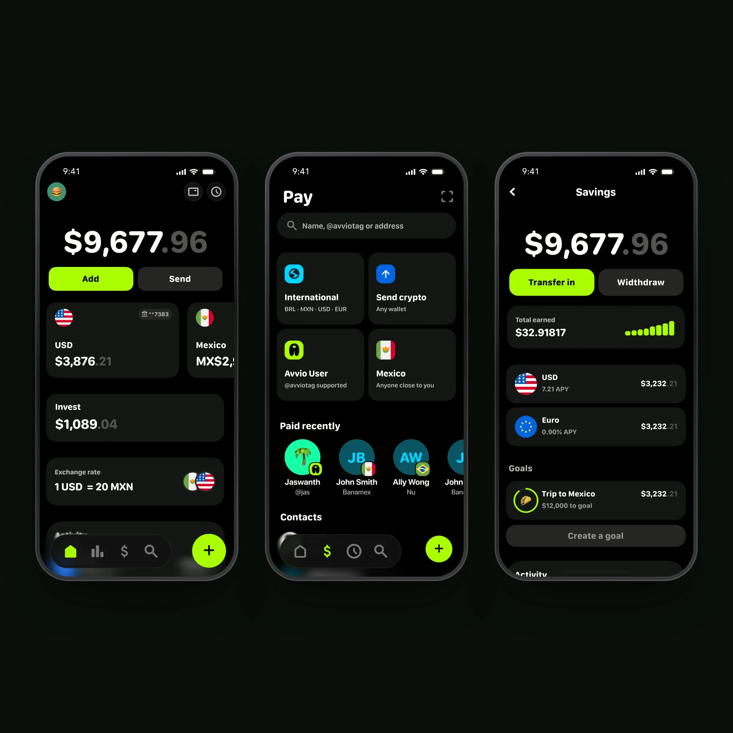 Avvio app logo, home, pay, savings, the send flow, invest, USD account and add funds